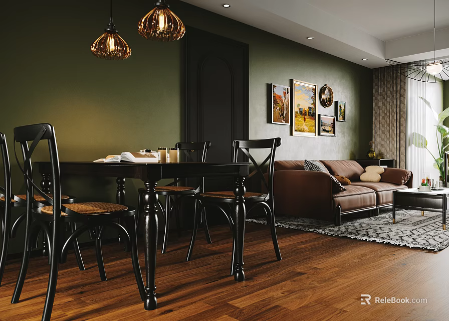 Dining Living Room Interior With Green Wall Brown Sofa Black Dining Set And Wooden Floor 3d model 