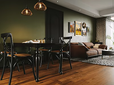 Dining Living Room Interior With Green Wall Brown Sofa Black Dining Set And Wooden Floor 3d model