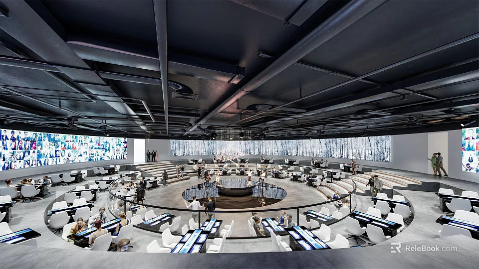 Spacious Modern Exhibition Hall Interior Design With Circular Layout Comfortable Seats And Digital Screens 3d model 