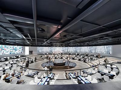 Spacious Modern Exhibition Hall Interior Design With Circular Layout Comfortable Seats And Digital Screens 3d model