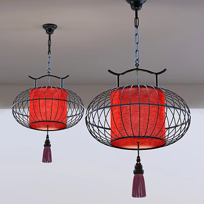 Chinese Style Decorative Chandeliers With Red Shades Black Metal Frames And Tassels 3d model