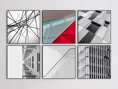 Modern Architectural Landscape Paintings With Geometric Lines Black White Red Accents Wall Art Decor 3d model