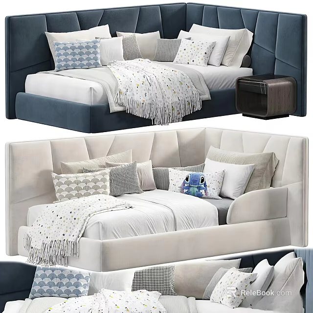 Cozy Children's Bed With Soft Upholstered Headboard Colorful Pillows And Warm Blanket 3d model 
