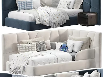 Cozy Children's Bed With Soft Upholstered Headboard Colorful Pillows And Warm Blanket 3d model