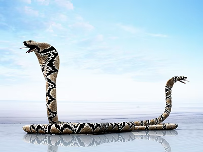 Large Cobra With Open Mouth And Coiled Body Against Blue Sky Water Reflection 3d model
