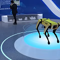 Modern Tech Exhibition Hall With Blue Globe Robot And Visitors In Modern Design