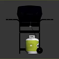 Black Outdoor Grill with Side Trays Wheeled Stand and Green White Gas Cylinder