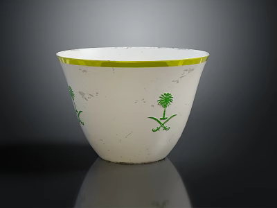 White Household Bowl With Yellow Rim And Green Floral Patterns Design 3d model