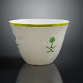 White Household Bowl With Yellow Rim And Green Floral Patterns Design
