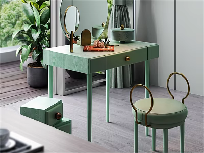 Modern Green Vanity Table With Gold Ring Stool Mirror And Decorative Items 3d model