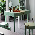 Modern Green Vanity Table With Gold Ring Stool Mirror And Decorative Items