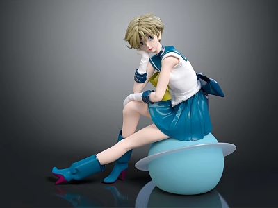 Anime Blonde Character In Blue White Sailor Uniform Sitting On Blue Sphere With Boots Gloves 3d model