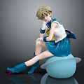 Anime Blonde Character In Blue White Sailor Uniform Sitting On Blue Sphere With Boots Gloves