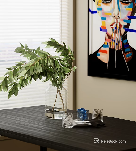 Decorative Ornament Set with Transparent Vase Green Foliage Glassware and Blue Decor on Dark Tabletop 3d model 