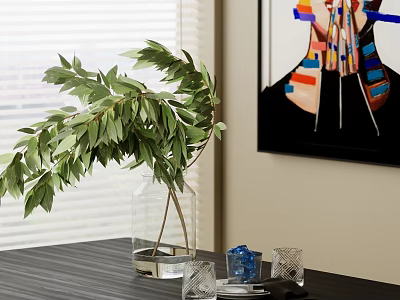 Decorative Ornament Set with Transparent Vase Green Foliage Glassware and Blue Decor on Dark Tabletop 3d model