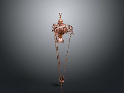 Vintage Copper Chandelier Lighting Set With Ornate Carvings And Hanging Chains 3d model
