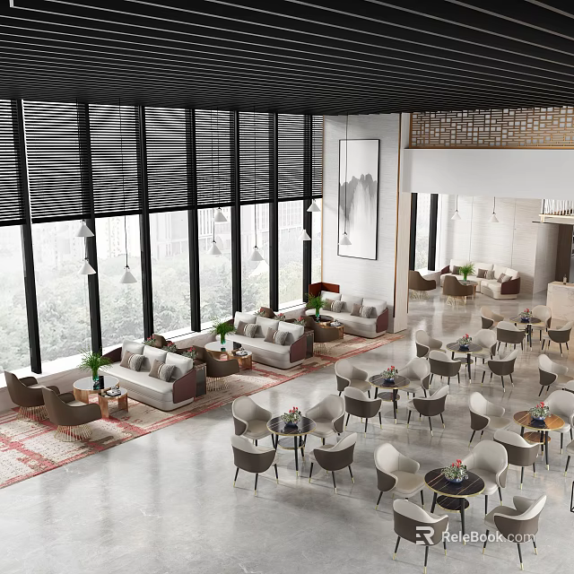 Modern Lounge Area With Large Windows Blinds Comfortable Sofas Tables Chairs And Artwork 3d model