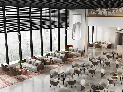 Modern Lounge Area With Large Windows Blinds Comfortable Sofas Tables Chairs And Artwork 3d model
