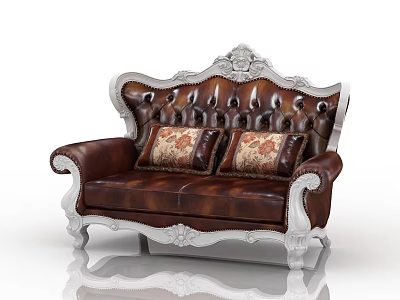 Classic Brown Leather Two Seater Sofa With Silver Carved Accents And Decorative Pillows 3d model