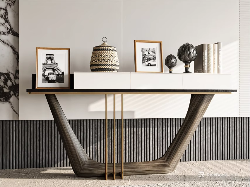 Modern Wooden Console Table With Framed Pictures Woven Basket And Decorative Items On Striped Backdrop 3d model 