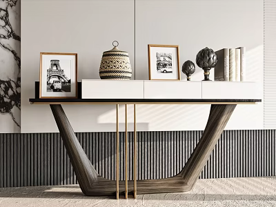Modern Wooden Console Table With Framed Pictures Woven Basket And Decorative Items On Striped Backdrop 3d model
