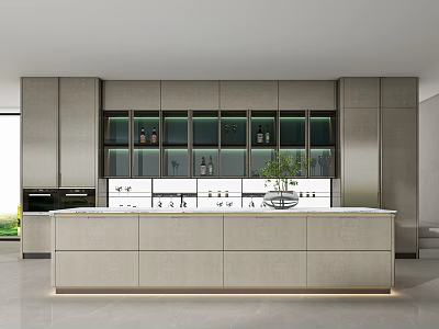 Modern Kitchen Interior Design With Island Counter Cabinets And Glass Front Storage 3d model