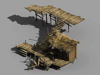 Cartoon Scene Of Rustic Wooden Hut With Thatched Roof Platforms And Stairs 3d model