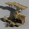 Cartoon Scene Of Rustic Wooden Hut With Thatched Roof Platforms And Stairs