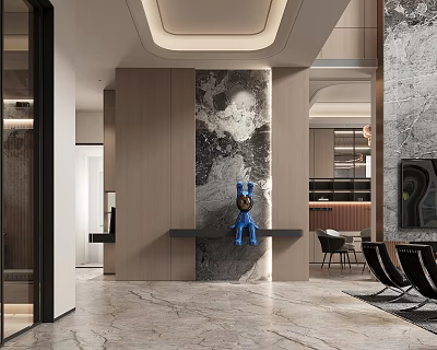 Modern Foyer Hallway With Artistic Wall And Blue Sculpture 3d model