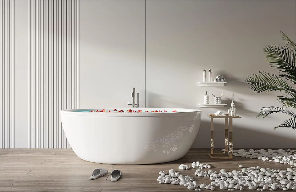 Modern White Bathtub With Flower Petals On Wooden Floor Pebbles And Bath Products 3d model 