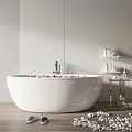 Modern White Bathtub With Flower Petals On Wooden Floor Pebbles And Bath Products