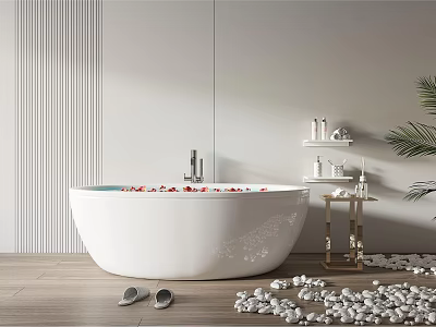 Modern White Bathtub With Flower Petals On Wooden Floor Pebbles And Bath Products 3d model