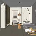 Cozy Minimalist Hotel Guest Room with Arched Archway Light Walls Platform Bed and Rocking Horse