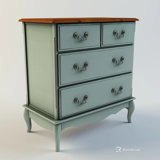 Light Blue Vintage Chest of Drawers With Metal Handles and Curved Legs 3d model 