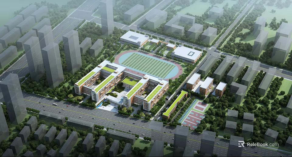 Modern School Campus Buildings With Green Roofs Sports Field And Trees 3d model 