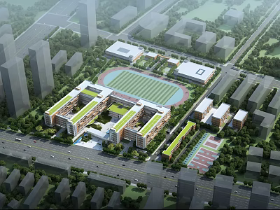 Modern School Campus Buildings With Green Roofs Sports Field And Trees 3d model