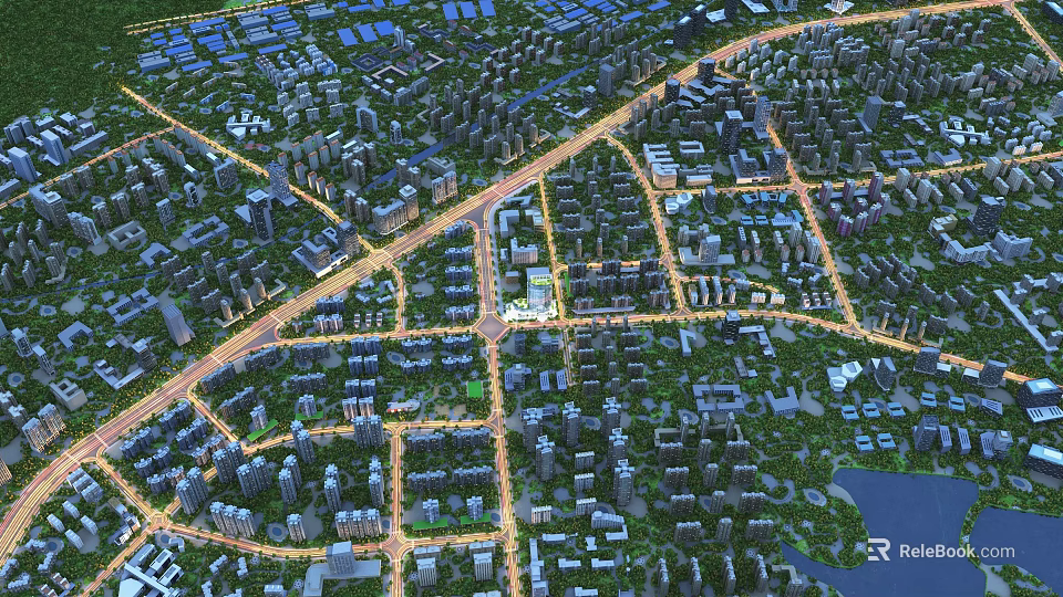 Bird's Eye View Planning of Urban Layout With Road Networks Buildings and Water Bodies 3d model 