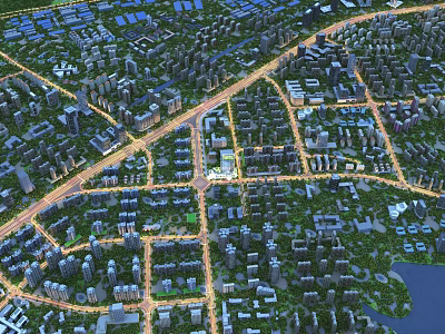 Bird's Eye View Planning of Urban Layout With Road Networks Buildings and Water Bodies 3d model