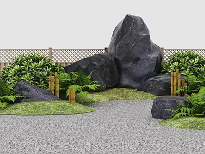 Courtyard Garden Design Featuring Large Rocks Lattice Fence Gravel Path And Green Plants 3d model