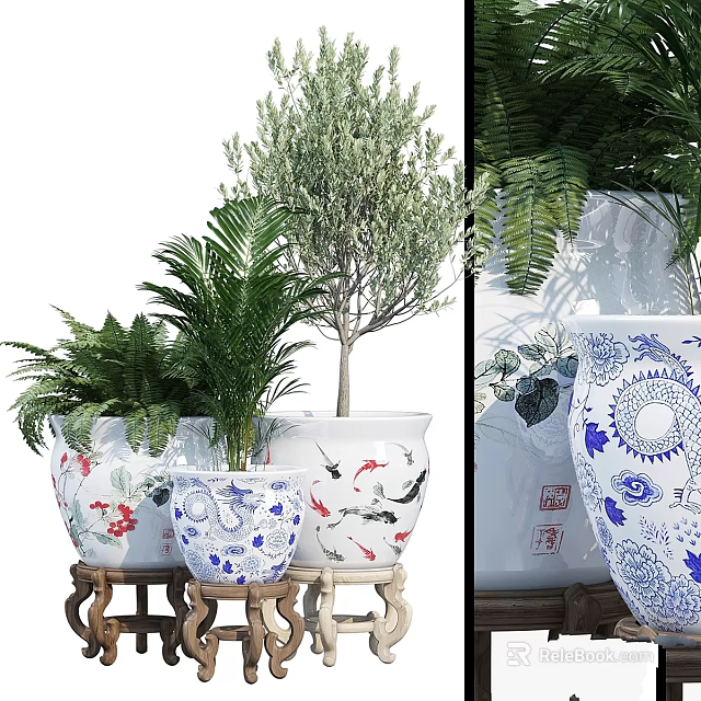 Decorative Bonsai Potted Plants In Blue And White Porcelain Pots With Fish Dragon Patterns 3d model 