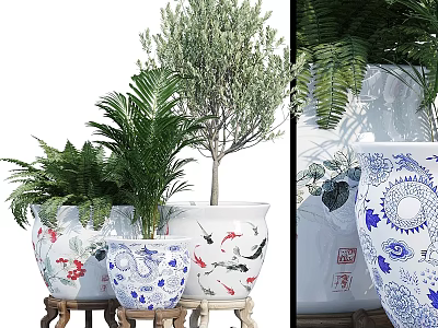 Decorative Bonsai Potted Plants In Blue And White Porcelain Pots With Fish Dragon Patterns 3d model