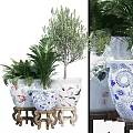 Decorative Bonsai Potted Plants In Blue And White Porcelain Pots With Fish Dragon Patterns
