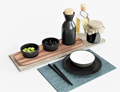 Modern Tableware Set with Wooden Tray Black Bowls White Bowl Chopsticks and Blue Placemat 3d model