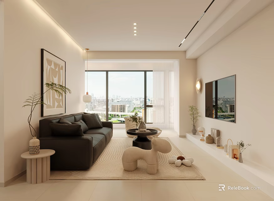 Modern Living Dining Room Interior With Dark Gray Sofa Floor to Ceiling Windows TV Wall 3d model 