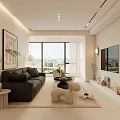 Modern Living Dining Room Interior With Dark Gray Sofa Floor to Ceiling Windows TV Wall