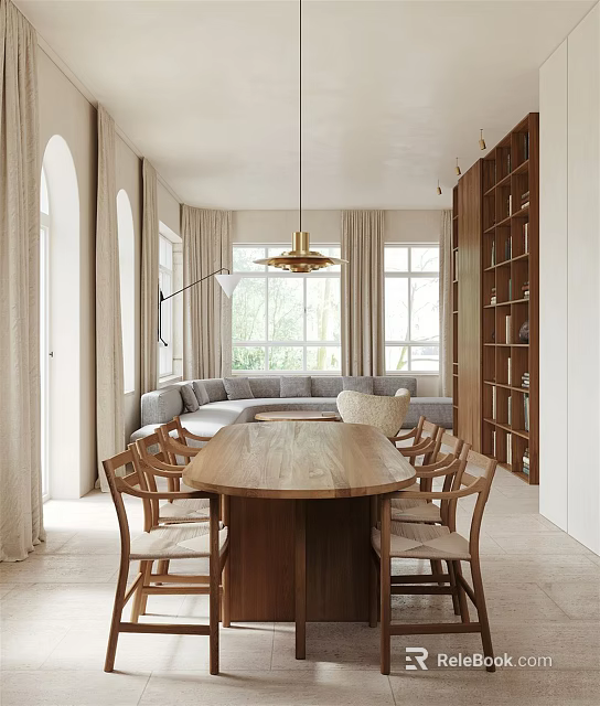 Elegant Dining Living Room Interior With Wooden Table Sofa Pendant Light And Large Windows 3d model 