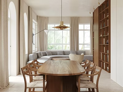 Elegant Dining Living Room Interior With Wooden Table Sofa Pendant Light And Large Windows 3d model