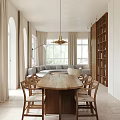 Elegant Dining Living Room Interior With Wooden Table Sofa Pendant Light And Large Windows