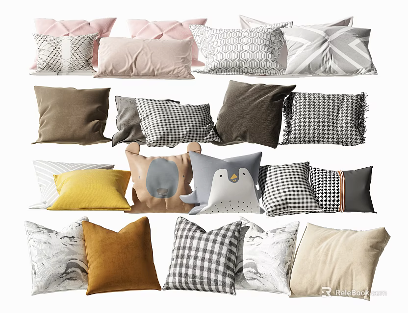 Various Decorative Pillows With Plaid Striped Animal Patterns And Solid Colors For Home Decor 3d model