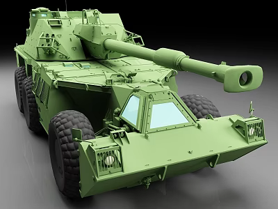 Green Military Tank Featuring Long Cannon Large Wheels Transparent Windows And Front Headlights 3d model